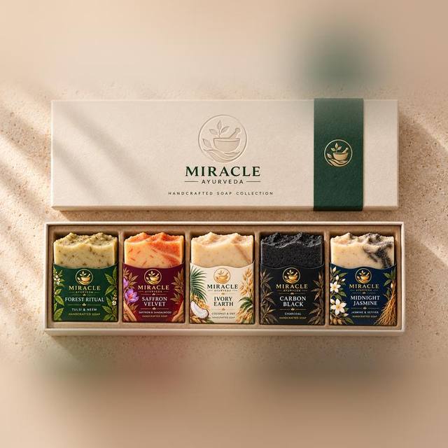 Gift box open, showing all five soaps