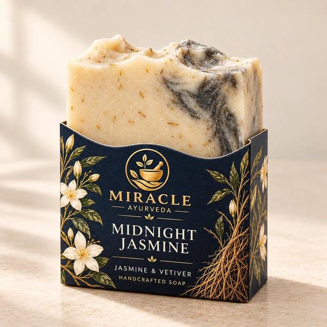 Midnight Jasmine soap with jasmine and vetiver in its paper sleeve
